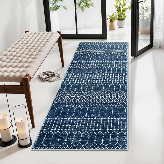 Lahome Moroccan Runner Rugs for Hallway - 2x4 Bathroom Rugs Non-Slip Small Throw Kitchen Carpet Low-Pile Mat for Entryway Laundry Room Mat Geometric Indoor Carpert for Entrance Bath (Blue,2'x4')