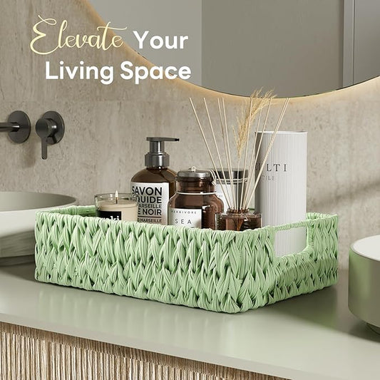 Bathroom Accessory Set with Plastic Wicker Basket,Glass Bathroom Accessories Set Green Bathroom Sets Bathroom Set, Diamond Soap Dispenser and Toothbrush Holder Set for Bathroom Decor