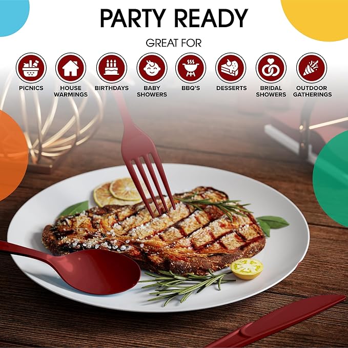 Party Solids Burgundy Plastic Silverware Heavy Duty 150 Pieces Burgundy Disposable Silverware Heavy Duty, Utensil Sets, 50 Of Each Forks, Knives & Spoons Disposable Cutlery Set For Party Supplies