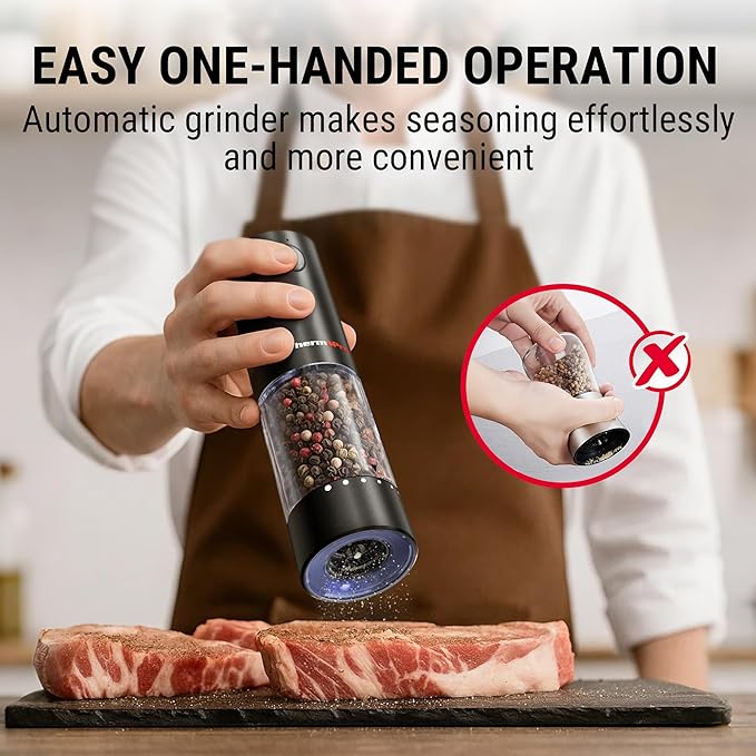 ThermoPro Electric Salt and Pepper Grinder Set Rechargeable, 110ml Automatic Pepper Grinder Shakers with 6 Levels External Adjustment, Refillable Pepper Mill Set with LED for New House Warming Gifts