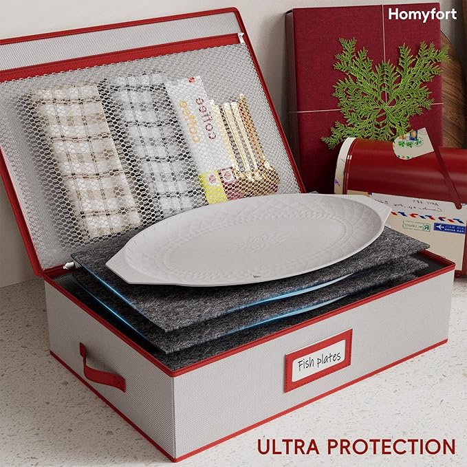 homyfort Platter Storage Case, Christmas China Storage Containers Box Hard Shell 17" x 13" x 5.5" for Platters Organizing, 4 Felt Dividers Included, Structured Top and Stackable