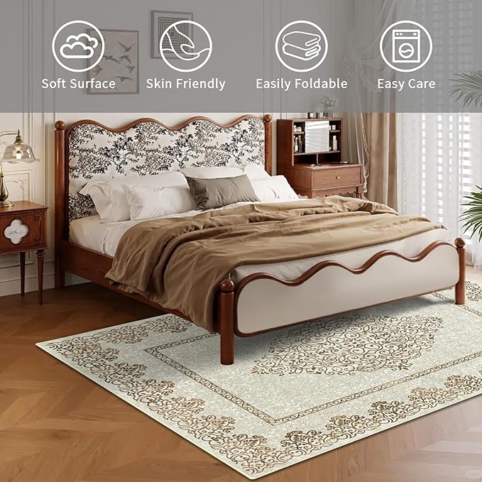 Easy-Going Area Rug 4x6 Washable Boho Neutral Rugs for Living Room Non-Slip Bedroom Rug Low Pile Lightweight Floral Brown Print Vintage Throw Rug for Dining Room Bathroom Kitchen Home Office Carpet