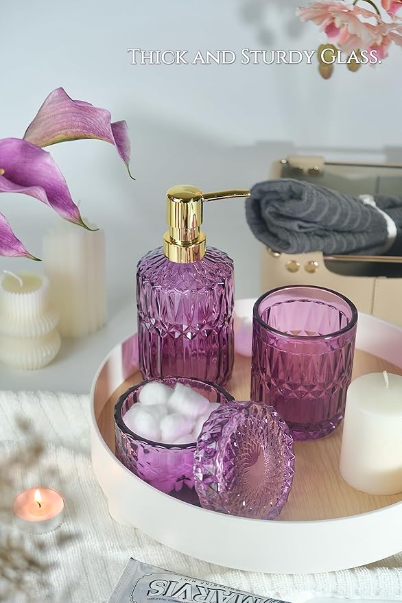 Purple Bathroom Accessories Set, 5Pcs Clear Glass Bathroom Accessories, Soap Dispenser, Toothbrush Holder Set, Soap Dish, Qtip Holder, Tumbler for Vintage Crystal Bath Decor (Violet)