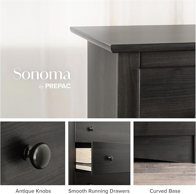 Prepac Sonoma 6-Drawer Double Dresser for Bedroom, Wide Chest of Drawers, Traditional Bedroom Furniture, 59" wide x 17.5" deep x 29" tall, Washed Black