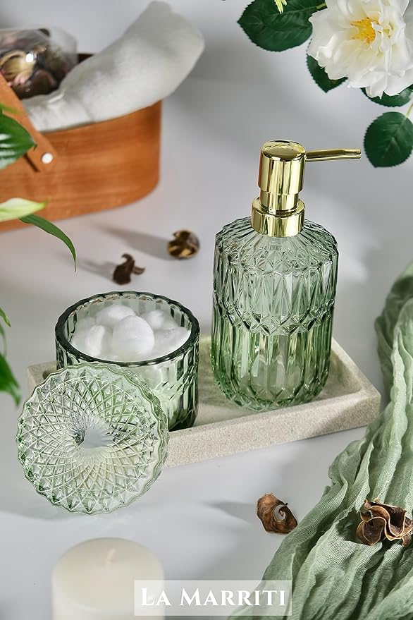 4pcs Glass Bathroom Accessories Set, Clear Green Bathroom Sets, Soap Dispenser, Toothbrush Holder, Soap Dish, Qtips Holder Set for Crystal Vintage Bathroom Decor, Gift Set (Green)