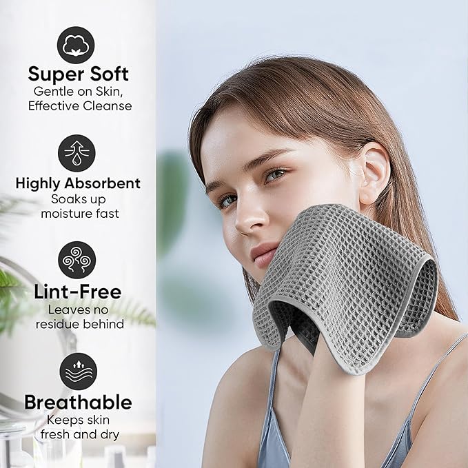 Microfiber Waffle Face Towels, 4 Pieces, Soft, Absorbent, Fast Drying, Lint Free (Gray)