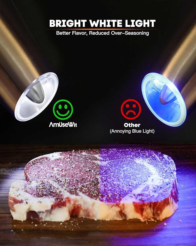 AmuseWit Gravity Electric Pepper Mill or Salt Grinder Mill [White Light] USB Rechargeable Automatic Pepper Grinder, Adjustable Coarseness, One-Handed Operation, Stainless Steel