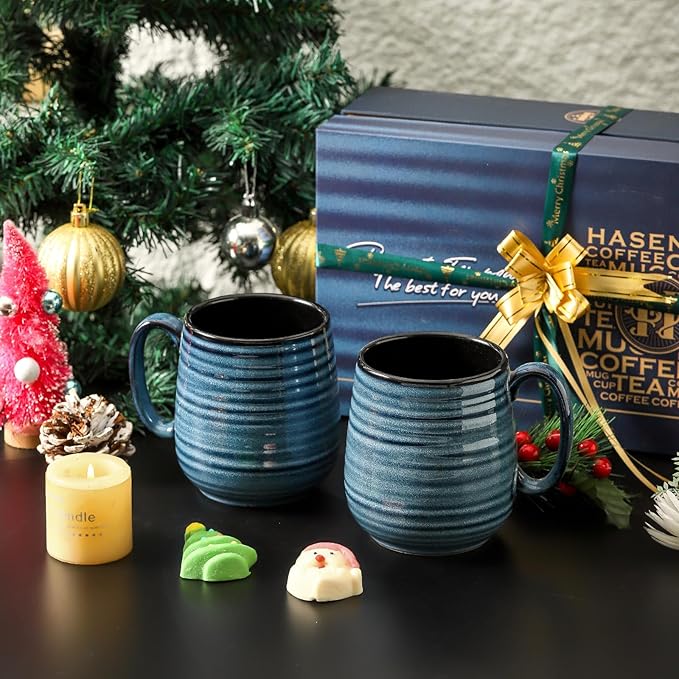 HASENSE Coffee Mugs Gift Set, 20 oz Ceramic Coffee Cups for Men and Women, Premium Large Tea Cups Gift Box with Coaster & Gold Spoon, Blue Couple Mugs for Christmas Thanksgiving