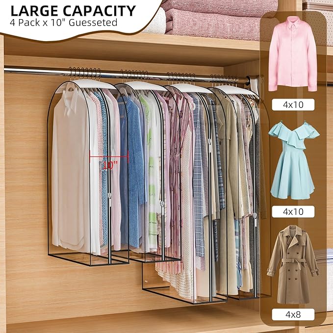 Upgraded Thickened Clear Garment Bags for Hanging Clothes 4 Packs, 10“ Gusseted Clothes Hanging Storage Bags for Closet, Shirts, Coats, Dresses (43 & 60 inch)
