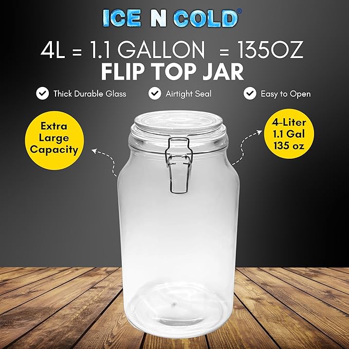 Airtight Glass Storage Jars with Clamp Lid - Food Storage Containers with Rubber Gasket Seal – Pantry & Kitchen Canisters for Dry Goods, Coffee, Sugar, Pasta -135oz | 4L | 1 GAL (4 pk)