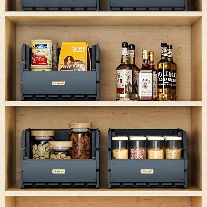 HABAU Wood Potato Onion Storage Bins - Wooden Stackable Produce Basket - Fruit Vegetable Storage for Kitchen Pantry Organization, Set 3 Pieces