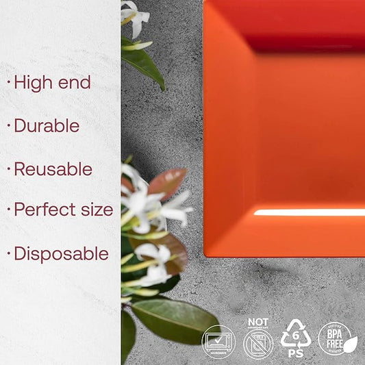 Smarty Had A Party Disposable Plastic Dinnerware, 9.5" Heavy Duty Square Orange Plates for Parties and Events, Bulk Supplies for All Occasions (120 Count)