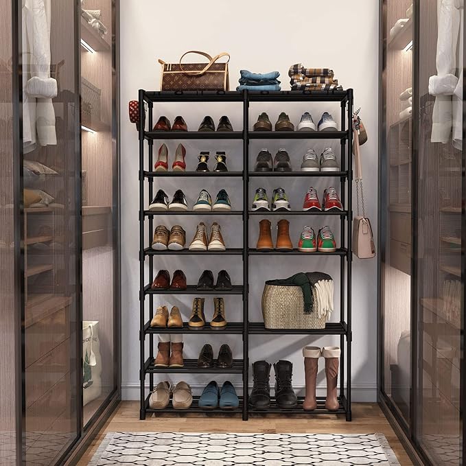 Tribesigns Shoe Rack Organizer, 32-40 Pairs Storage Shelf, 9 Tiers Stand, for Closet, Boot Organizer with 2 Hooks, Stackable Tower
