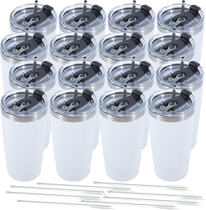Dongni 20oz Tumbler Bulk Stainless Steel Vacuum Insulated Tumblers with Lid Double Wall Travel Mug Powder Coated Coffee Cup, Suitable for Ice Drinks and Hot Beverage（White 16 pack）