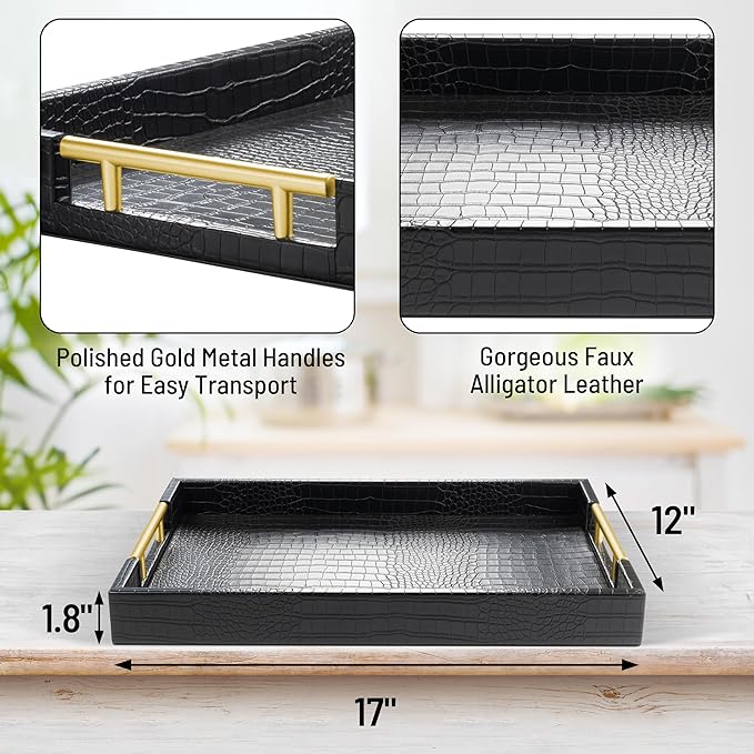 17" x 12" Wood Serving Tray with Gold Polished Metal Handles, Home Decorative Wooden Rectangle Ottoman Leather Decor Platter Bathroom Vanity Tray for All Occasions Alligator Black