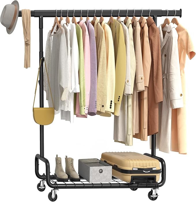 SONGMICS Clothes Rack, Heavy-Duty Rolling Clothing Garment Rack with Wheels, Extendable Hanging Rod and Adjustable Height, Portable, with Shelf and Hooks, Ink Black UHSR014B01