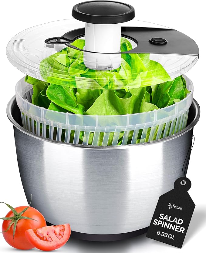 Stainless Steel Pump Salad Spinner Large - Easy Compact Kitchen Tool - Stainless Steel Bowl, Drain & Colander - Lettuce Spinner, Vegetable Dryer, Fruit Washer, Pasta & Fries Produce Strainer - 6.33 Qt