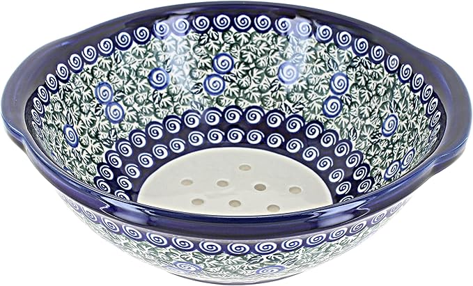Blue Rose Polish Pottery - Green Seaside Swirl Colander - 9.5" Diameter - Hand-Painted Polish Pottery Ceramic Kitchen Strainer with Handles