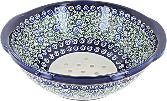 Blue Rose Polish Pottery - Green Seaside Swirl Colander - 9.5" Diameter - Hand-Painted Polish Pottery Ceramic Kitchen Strainer with Handles