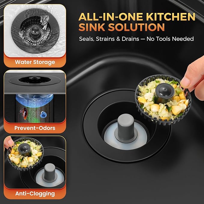3 in 1 Kitchen Sink Strainer & Stopper, Pop Up Drain Plug for 3.5 Inch Sink – Anti-Clogging, Brass Core, Easy to Clean with Bonus Basket – Black – DIKSEFN