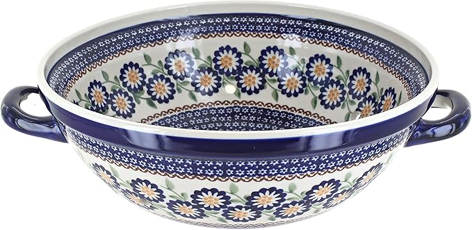 Blue Rose Polish Pottery - Yellow Peach Blossom Colander - 11" x 9.5" - Ceramic Colander with Drain Holes