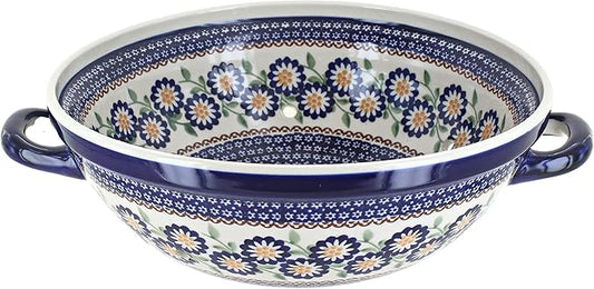 Blue Rose Polish Pottery - Yellow Peach Blossom Colander - 11" x 9.5" - Ceramic Colander with Drain Holes