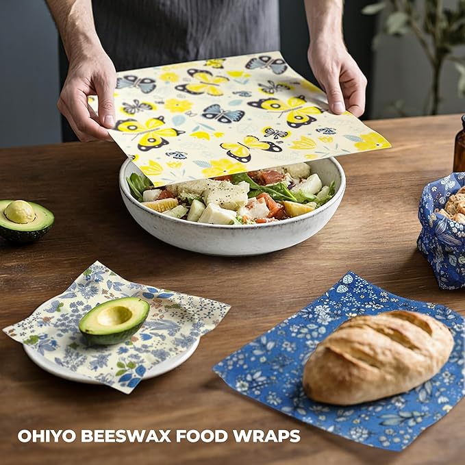 OHIYO Reusable Beeswax Wrap for Food, 9 Pack Organic Cotton Beeswax Papers (1XL + 3M + 5S), Bread Sandwich Wrapper, Suitable for Bowls, Fruits, Cheese, Hamburgers