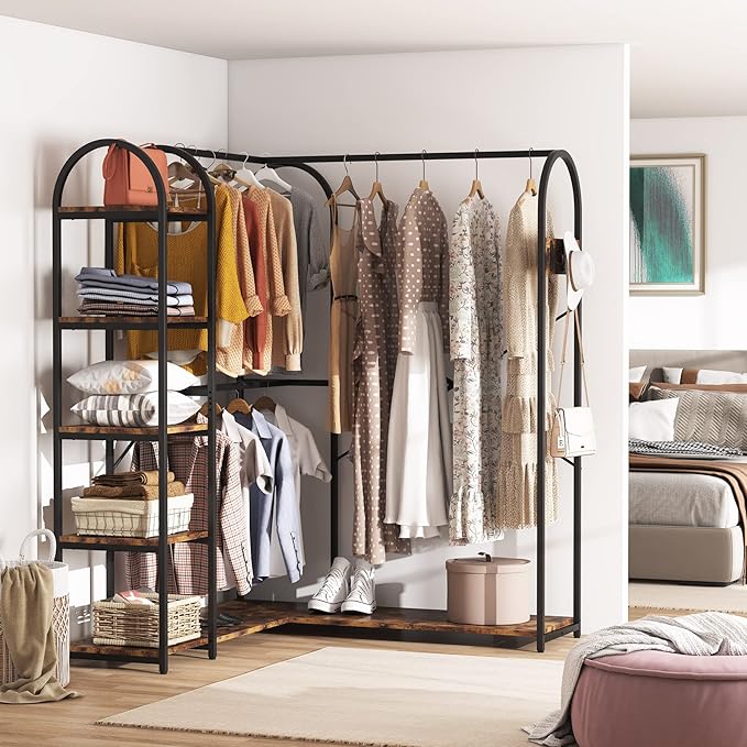 Tribesigns L Shape Clothes Rack, Corner Garment Rack with Storage Shelves and Hanging Rods, Space-Saving Large Open Wardrobe Closet for Bedroom