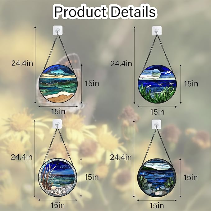 Stained Glass Window Hanging 4 Pcs Set Navy Blue Ocean Landscape Large 15" - Suncatcher Door Garden Sun Catcher Decor Birthday Mother's Day for Mom Woman Nana Girl Boy Friend