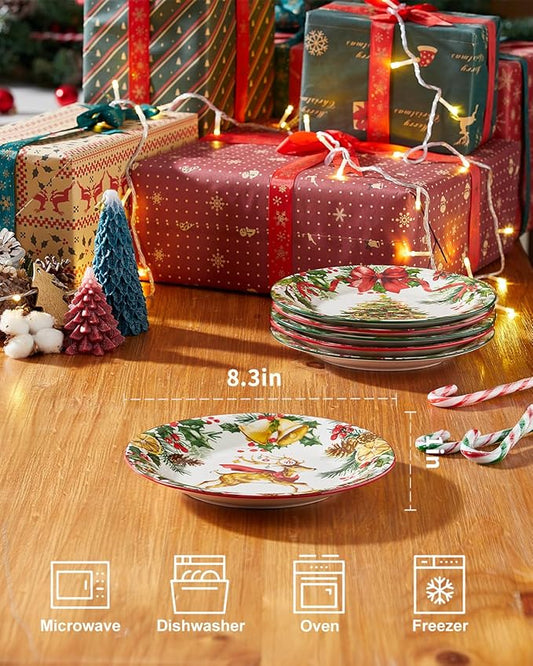 Christmas Salad Plates, 8 Inch Ceramic Plate Set, Appetizer Dishes for Pasta, Side Dishes, Holiday Treats, Dishwasher & Microwave Safe, Set of 6