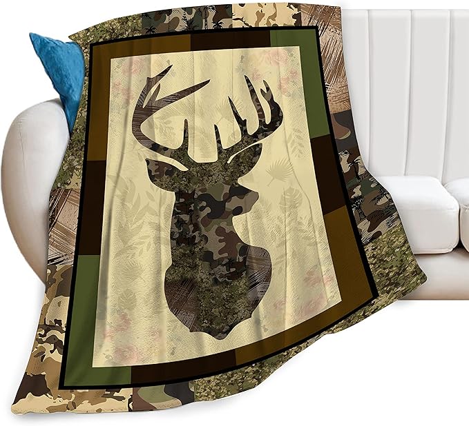 Deer Blanket Camo Hunting Throw Blanket Cozy Plush Dad Elk Fleece Flannel Ultra Soft Blankets Lightweight Fuzzy Warm Gifts for Adults Men 80"X60"
