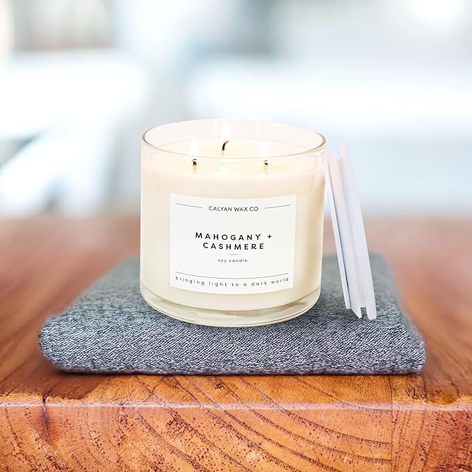 Calyan Wax Co. Mahogany & Cashmere 3 Wick Scented Candle - 43 Hour Burn - Luxury 3 Wick Soy Candles - Non Toxic Soy Wax Candles - Long Lasting Large Glass Jar Candle for Home - 14.9oz