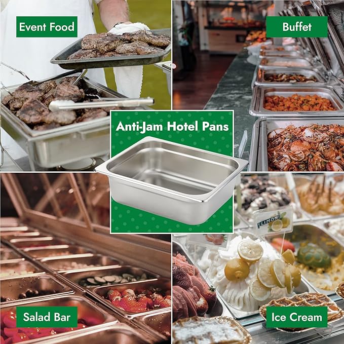 HECMAC 6 Pack Anti-Jam Hotel Pans, 1/2 Size 4 Inch Deep, Commercial Stainless Steel Chafing Steam Table Pan, Catering Storage Metal Food Pan, 23 Gauge