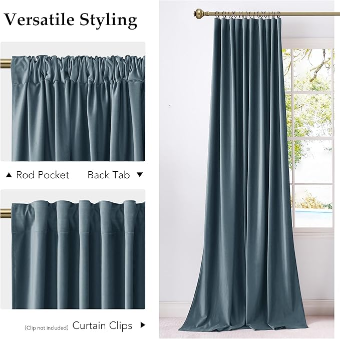 NICETOWN Slate Blue Velvet Curtains 84 inch Long 2 Panels, Back Tab Rod Pocket Pinch Pleated Blackout Window Treatment for Living Room and Sliding Glass Door, Soft Touch Luxurious Drapes, W52” x L84“