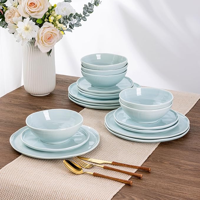 LERATIO Ceramic Dinnerware Sets for 4,Porcelain Plates and Bowls Sets with Wavy Edge,Microwave & Dishwasher & Oven Safe,Light Weight & Scratch Resistant Dishes Sets-Service for 4 (12pcs)-Light Blue