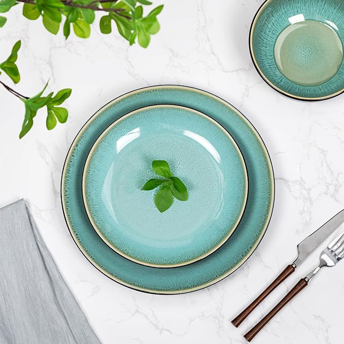 Plates and Bowls Sets for 8 - CJDC-QUELO 32-Piece Stoneware Dinnerware Sets, Ceramic Dishware Set for Indoor Kitchen Use and Formal Dining, Chip and Scratch Resistant Microwave Dishwasher Safe, Green