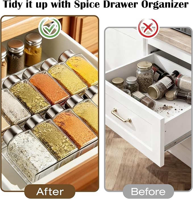 Spice Drawer Organizer, 4 Tier- 4 Pack Clear Acrylic Drawer Seasoning Organizers, Kitchen Spice Rack Tray Expandable From 11" to 22", Spice Rack Insert for Cabinet Countertop(Jars Not Included)