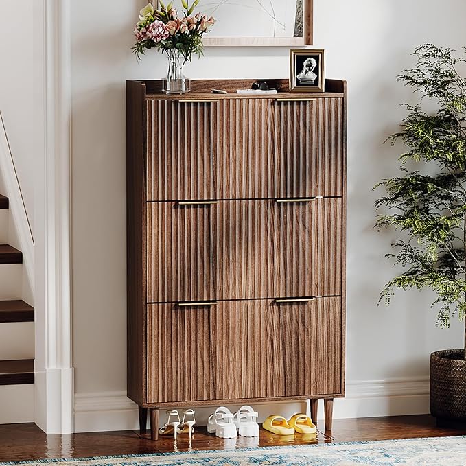 VINGLI Fluted Shoe Storage Cabinet for Entryway with 3 Flip Drawers, Narrow Shoe Organizer with Fluted Panel, Freestanding Wood Hidden Shoe Cabinet for Foyer, Hallway (Dark Walnut, 3 Flip Drawers)