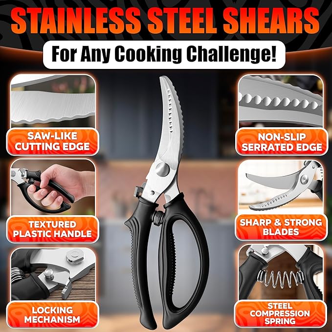 Turkey Shears - Chicken Shears – Stainless Steel Heavy Duty Poultry Scissors | Meat, Vegetables, Seafood | Fish Scale Remover & Bone Scissors | Non-Slip Serrated Saw-Like Edge, Safety Lock