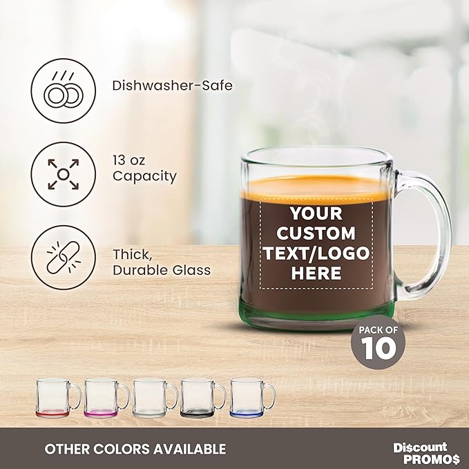 Custom Libbey Clear Glass Coffee Mugs 13 oz. Set of 10, Personalized Bulk Pack - Perfect for Coffee, Tea, Espresso, Hot Cocoa, Other Beverages - Green Bottom