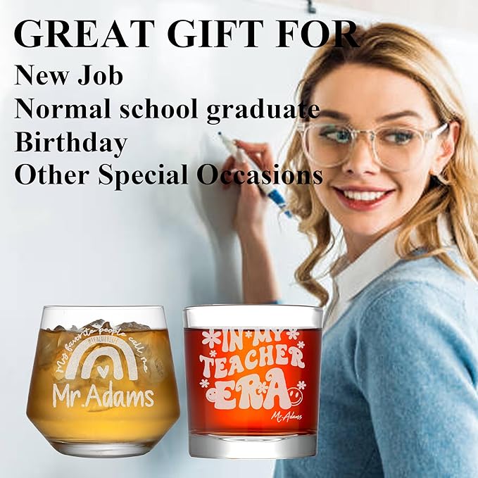 Personalized Teacher Gifts, Custom Whiskey Glass for Men, Teachers Appreciation Gift, Engraved Funny Gift for Preschool Elementary High School Teacher Professor