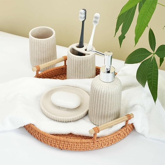 4-Piece Bathroom Accessory Set - Modern Resin & Sandstone Collection - Includes Soap Dispenser 8.5oz, Toothbrush Holder, Tumbler, Soap Dish (Beige)