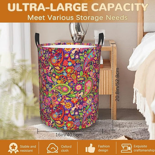 Boho Hippie Flowers Laundry Basket,Vivid Peace Foldable Laundry Hamper Waterproof Oxford Cloth Tote Bag,Clothes Storage Bucket Decorative Toy Organizer For Bathroom Bedroom 16" x 20"