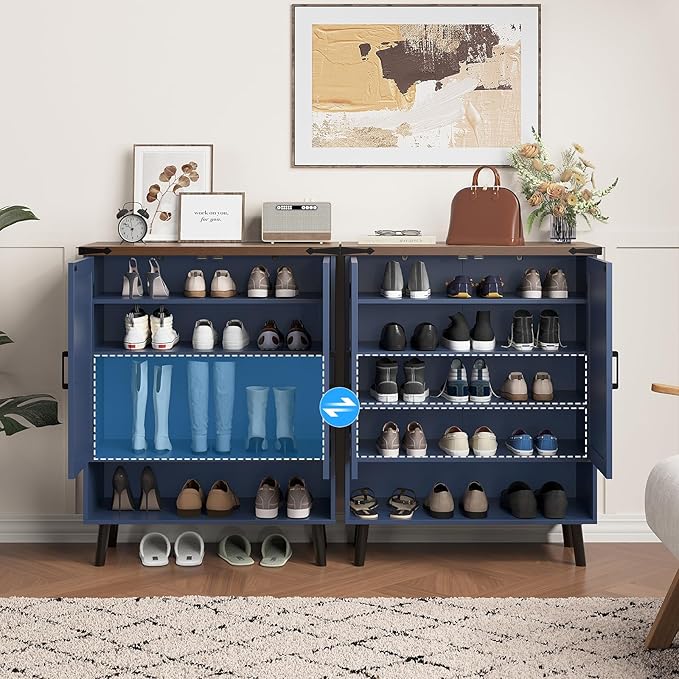 Vabches Farmhouse Shoe Storage Cabinet with Doors, 5 Tier Small Shoe Cabinet with Adjustable Shelves and Metal Legs, 34" Tall Shoe Rack Organizer for Entryway, Foyer, Navy Blue