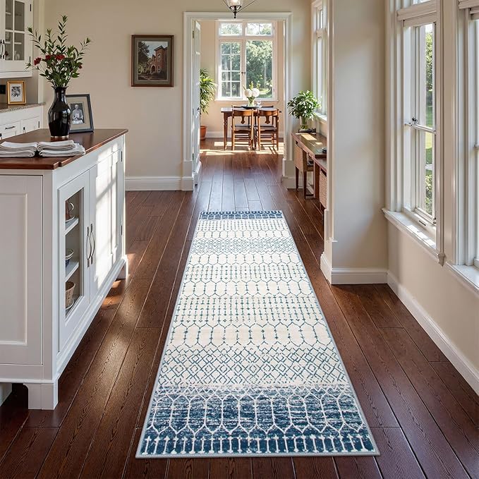 Lahome Moroccan Washable Blue Runner Rug - 2x6 Rug Runners for Hallways Non Slip Throw Stain Resistant Kitchen Runners, Geometric Print Distressed Indoor Floor Rug for Entryway Bathroom Bedroom