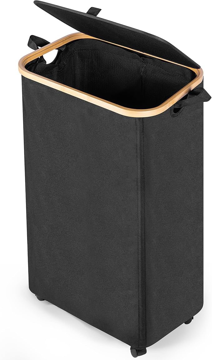 Laundry Hamper with Wheels and Lid | 26 Gal (100L) laundry hamper with lid bamboo| Large Dirty clothes hamper | Bedroom hamper | clothes hamper-black