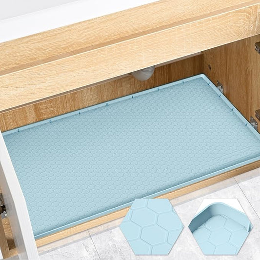 Waterproof Under Sink Mat 31" x 22", Silicone Cabinet Liner, Rubber Protector for Kitchen and Bathroom, Keeps Cabinets Clean, Dry, and Organized (Light Blue)