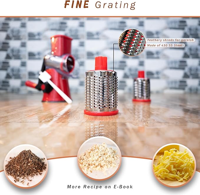 Rotary Cheese Grater with Handle - 3-in-1 Cheese Shredder - Easy to Clean Rotary Grater - Mandoline Vegetable Slicer Hand Crank - with Brush and Peeler - Red