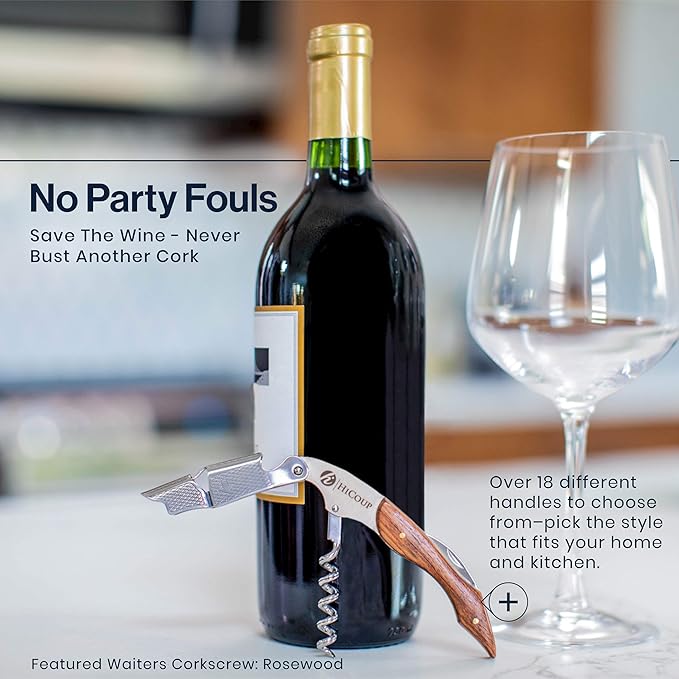 Hicoup Wine Opener - Professional Corkscrews for Wine Bottles w/Foil Cutter and Cap Remover - Manual Wine Key for Servers, Waiters, Bartenders and Home Use - Stainless Steel With Red Pear Wood Inlay