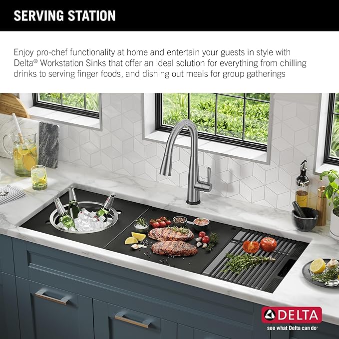 DELTA FAUCET Rivet 45-inch Workstation Kitchen Sink Undermount 16 Gauge Stainless Steel Single Bowl with 2-Tier WorkFlow Ledge and Chef’s Kit of 11 Accessories, 95BA131-45S-SS